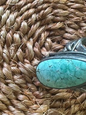 Turquoise Oval Stone Ring in Teal Blue with Silver-Tone Band